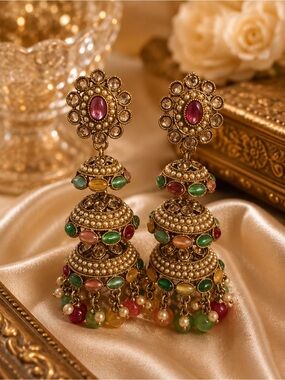 Gold-Tone Multicolor Jhumka Earrings - Elegant Women’s Jewelry